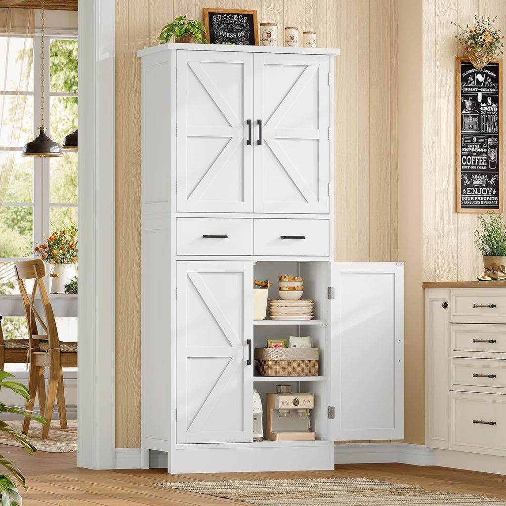 Farmhouse Pantry Cabinet, 66.9″H Tall Kitchen Storage Cabinet With Barn Doors, Adjustable Shelves & Drawer, Freestanding Cupboard For Kitchen, Dining Room, Living Room, Bathroom, White