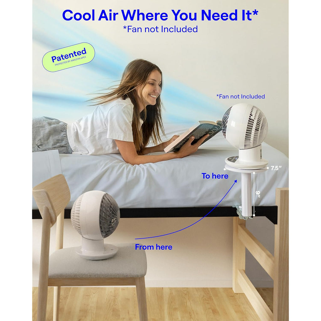 Fanshelfie Adjustable Fan Holder For Dorm Room, Bunk & Lofted Bed, College Essentials For Boys & Girls, Patented Height & Distance Design, Compatible With Popular Dorm Fans, 2 Height Options (White)