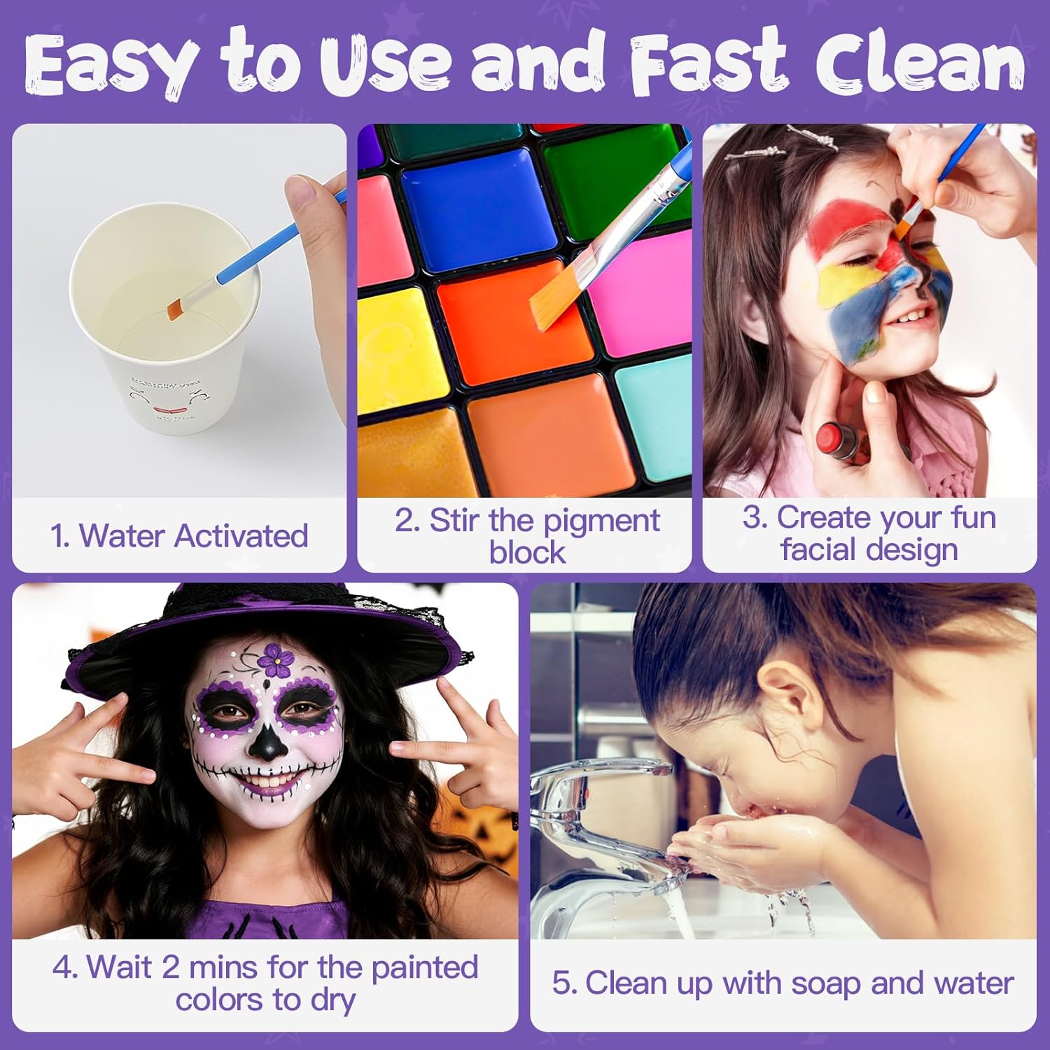 Face Painting Kit for Kids, 36 Colors Water Activated Face Paint with Brushes & Stencils, Non-Toxic Halloween Makeup Kit, Professional Face Body Paint for Halloween, Parties, Carnival, School Events