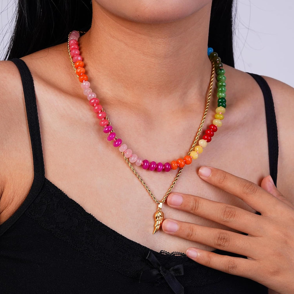 LALAPPLE Colorful Beaded Gemstone Necklace for Women, Boho Rainbow Bead Choker with Natural Stone Crystal Beads, Handmade Summer Beach Necklace Jewelry