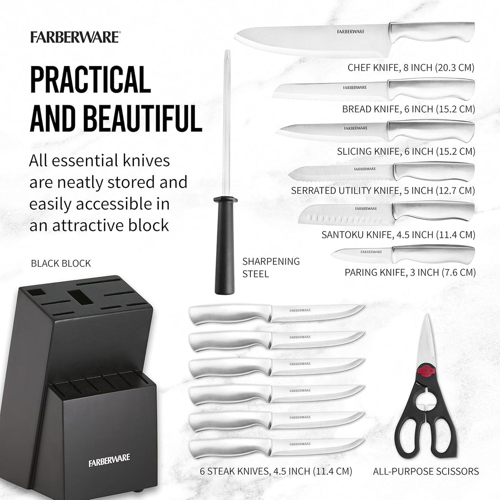 Farberware 15-Piece Kitchen Knife Set, High-Carbon Stainless Steel Blades with Wood Block, Steak Knives, Sharpening Tool & All-Purpose Shears, Razor Sharp, Ergonomic Stainless Steel Handles