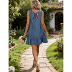 Halife Womens Casual Summer Dresses Tie Back Crew Neck Sleeveless Tank Mini Dress Ruffle Hem Flowy Beach Sundresses