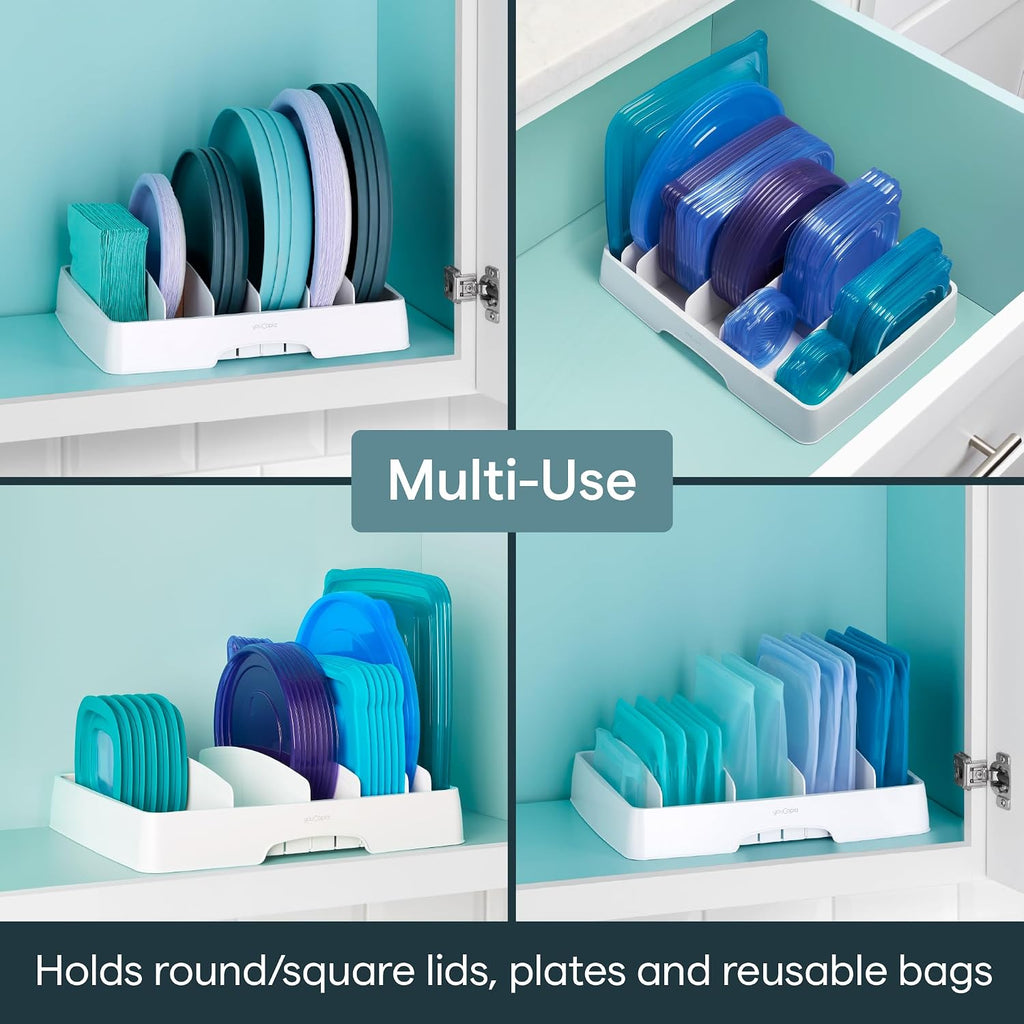 Youcopia Storalid Food Container Lid Organizer For Kitchen Cabinet Storage With 5 Adjustable Dividers, 10.5''D × 13.4''W × 3.3''H, Large Classic Edition, White