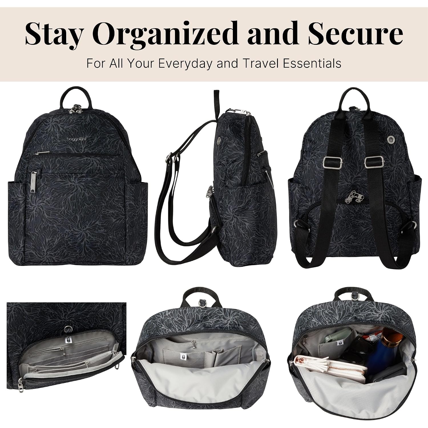 Baggallini Securtex® Anti-Theft Vacation Travel Backpack 10X13 Slash-Resistant Nylon Daypack W/Rfid, Midnight Blossom