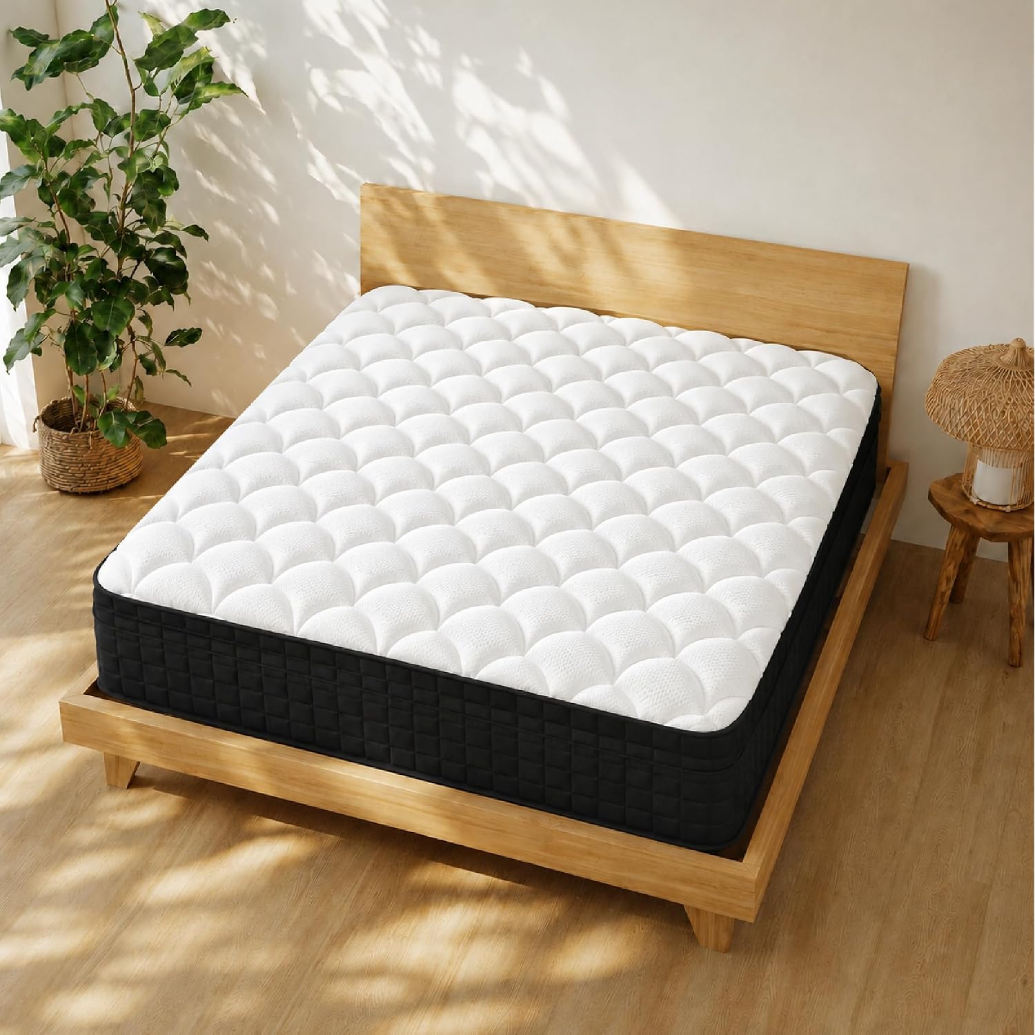 King Size 12 Inch Hybrid Innerspring Mattress, Individual Pocket Coils Gel Memory Foam, Medium Soft Black & White Cover, Fiberglass Free Certipur-Us Certified Compressed Bed In A Box, 76" X 80"