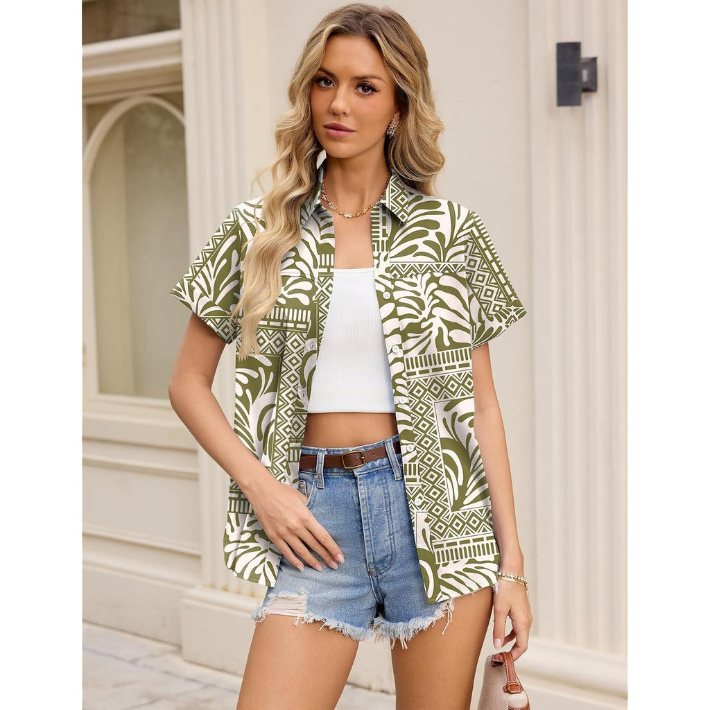 Rapbin Women'S Button Down Shirt Short Sleeve Casual Blouse Shirts V Neck Collared Tops