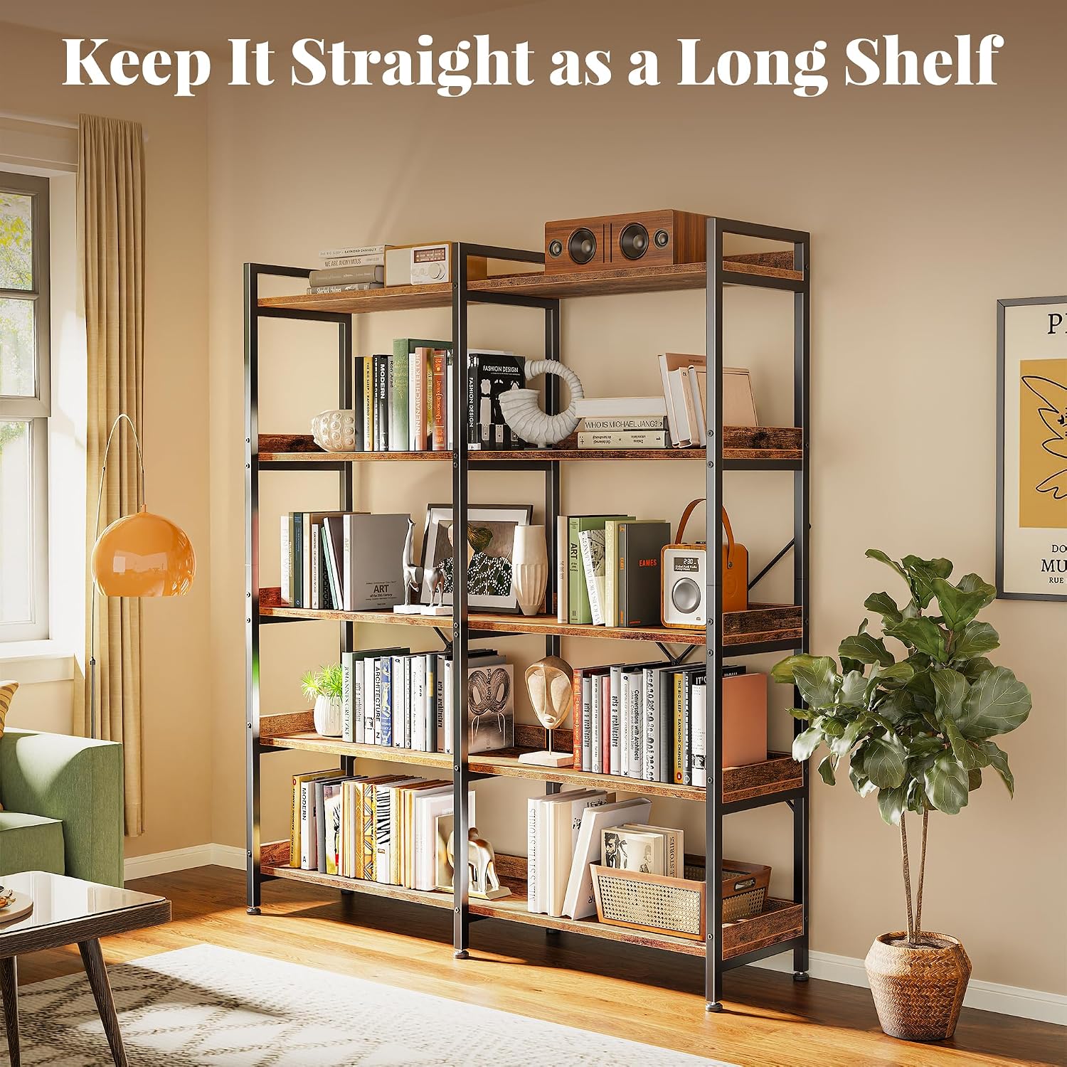 Huuger 5 Tier Bookshelf, Display Bookshelf With 10 Open Shelves And Raised Baffle, 47.2 Inch Straight Wide Bookcase With Metal Frame And Wooden Board, Adjustable Feet, Rustic Brown