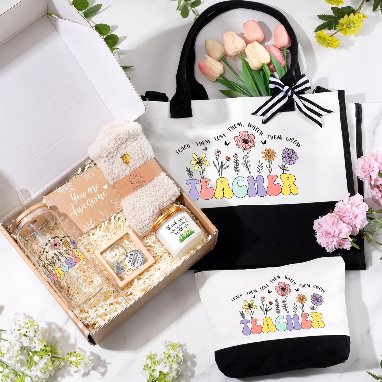 iAOVUEBY Teacher Appreciation Gifts, Best Teacher Gifts for Women, End of Year Teachers Gift from Student, Teachers Birthday Retirement Christmas Thank You Gift Baskets for Women, Canvas Tote Bag