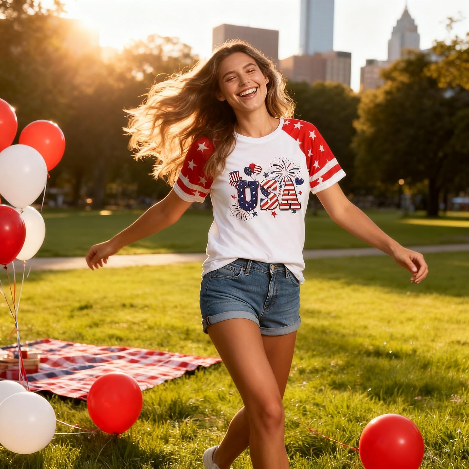 XLIEVO 4th of July Shirts Women:USA Color-Blocking Short-Sleeve American Flag Crew Neck Graphic Tee Patriotism T-Shirt