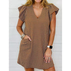 Mieazom Striped V-Neck Mini Dress For Women Puff Sleeve Casual Dress With Pockets, Comfortable & Stylish For Summer