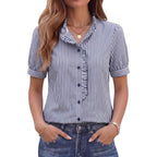 Lomon Button Down Shirts For Women Dressy Casual Puff Short Sleeve Ruffle Blouses Office Tops Work Shirt
