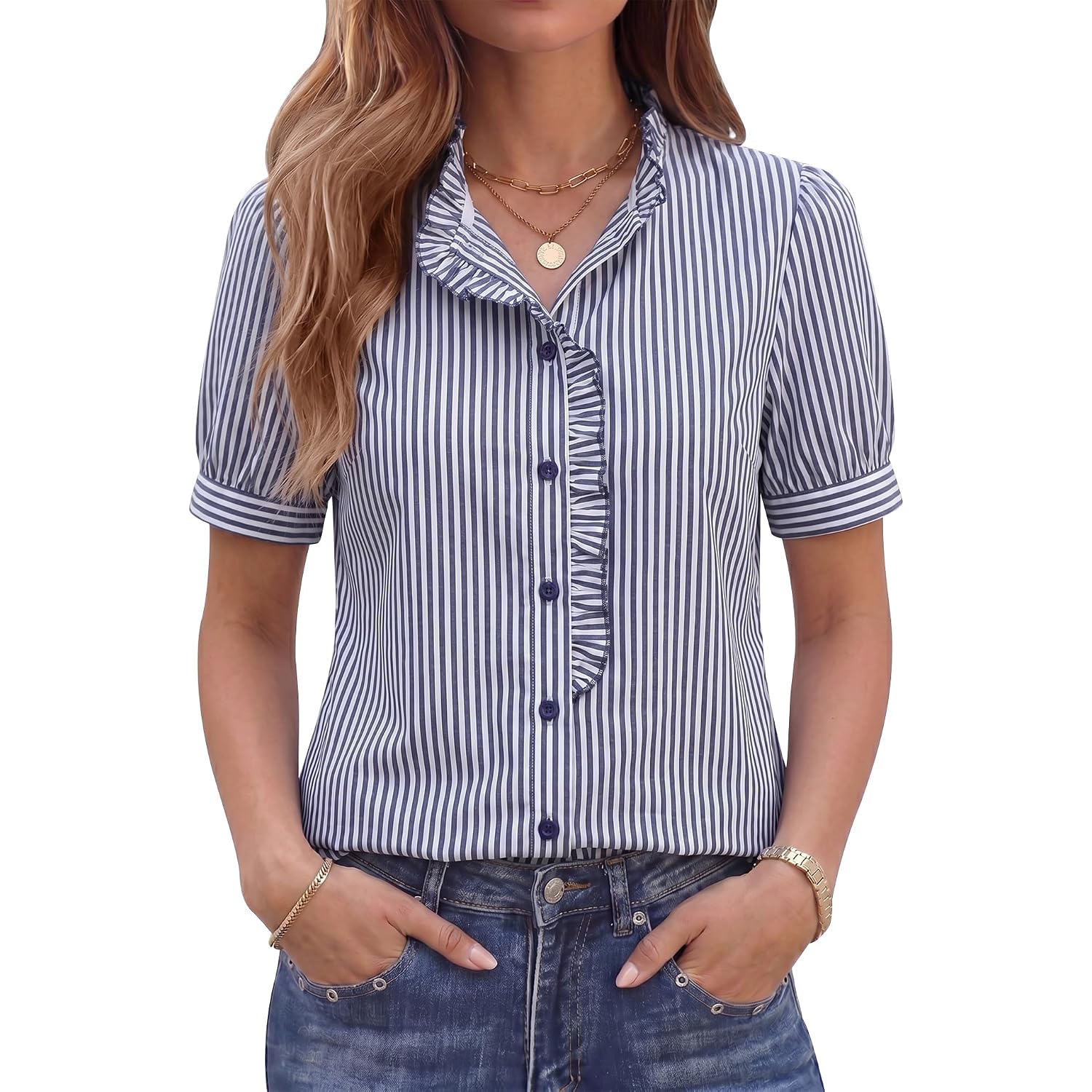 Lomon Button Down Shirts For Women Dressy Casual Puff Short Sleeve Ruffle Blouses Office Tops Work Shirt