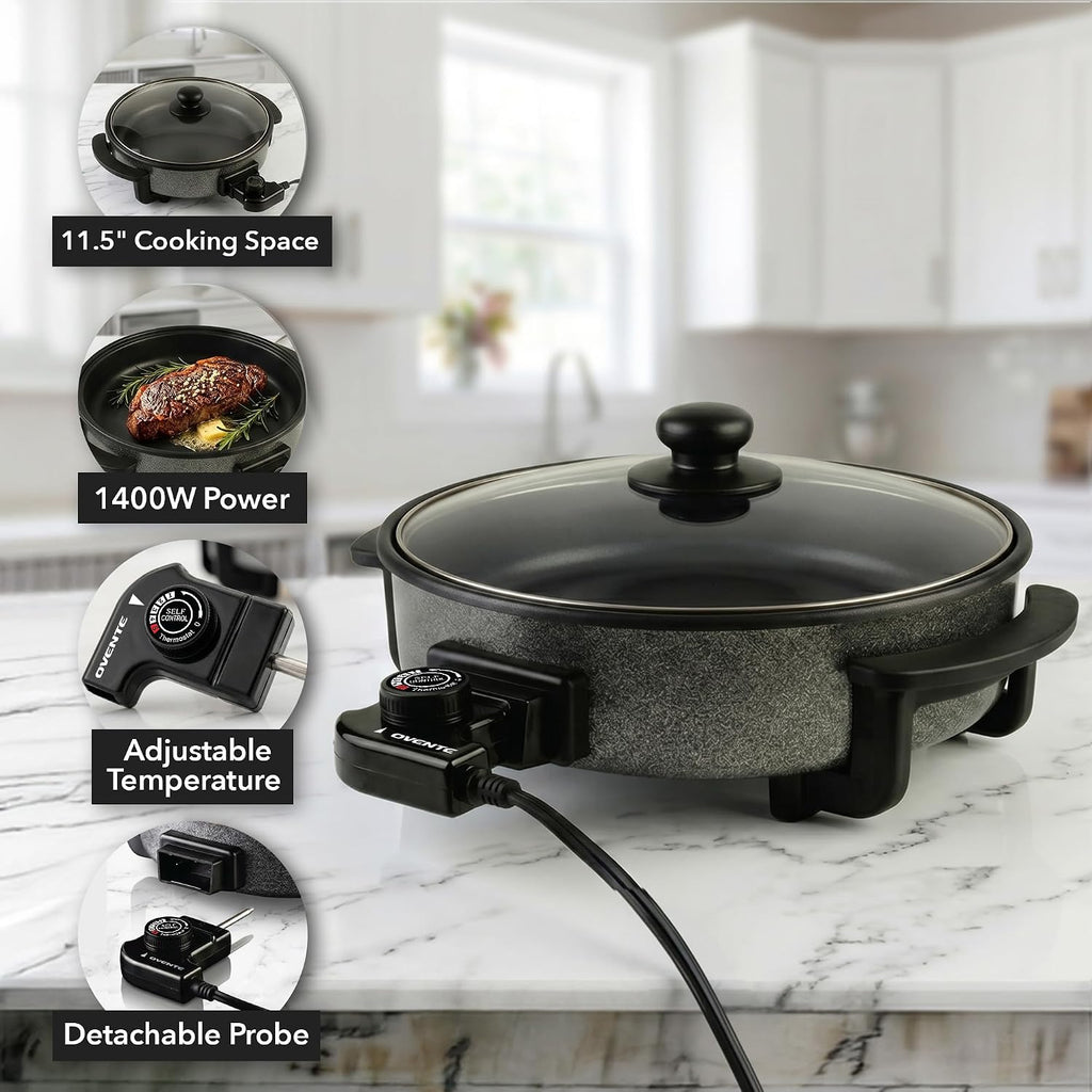 Ovente 11.5-Inch Electric Skillet & Frying Pan, 1400W Nonstick Cooking Pan With Adjustable Temperature Control, Tempered Glass Lid With Steam Vent, Cool-Touch Handles, Easy-Clean Black Sk11112B