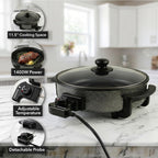 Ovente 11.5-Inch Electric Skillet & Frying Pan, 1400W Nonstick Cooking Pan With Adjustable Temperature Control, Tempered Glass Lid With Steam Vent, Cool-Touch Handles, Easy-Clean Black Sk11112B