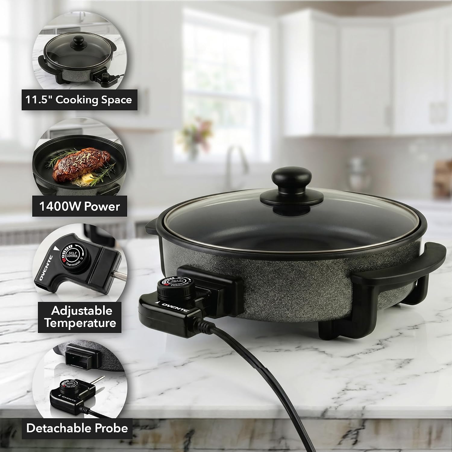 Ovente 11.5-Inch Electric Skillet & Frying Pan, 1400W Nonstick Cooking Pan With Adjustable Temperature Control, Tempered Glass Lid With Steam Vent, Cool-Touch Handles, Easy-Clean Black Sk11112B