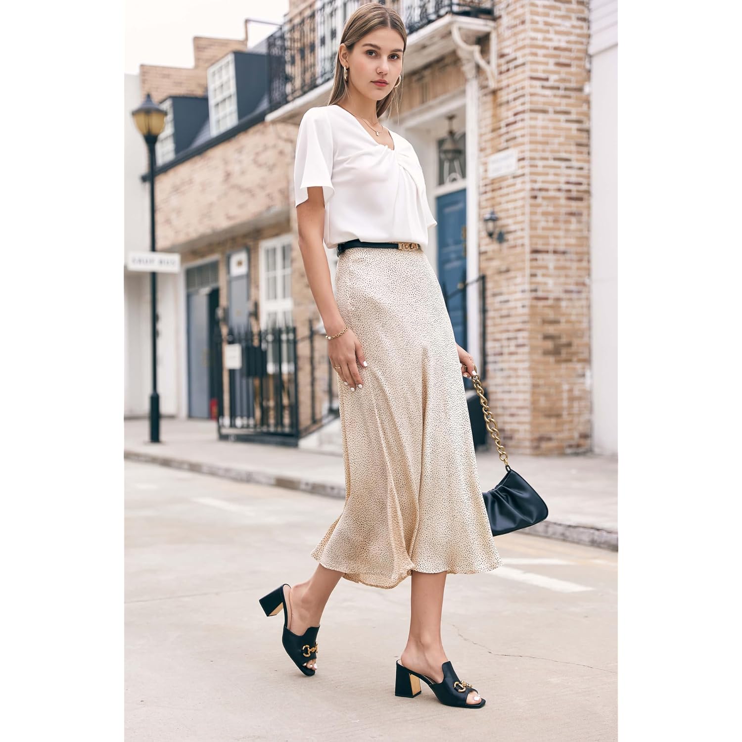 Gihubafuil Women'S Sandals Peep Toe Slides Chunky Heel Mules Single Band Comfort Slip-On Shoes With Metal Chain For Spring Summer