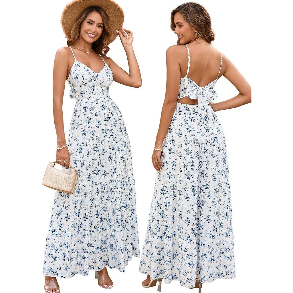 Htzmo Women Casual Summer Floral Maxi Sundress V Neck Spaghetti Strap Bow Tie Backless Flowy Boho Beach Long Dress 2026