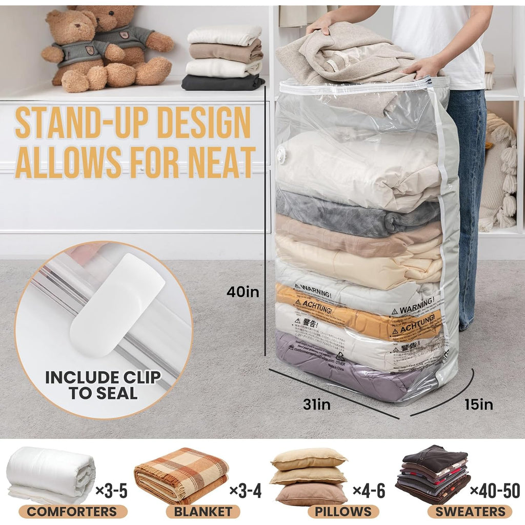 Taili Vacuum Storage Bags 4 Pack, Jumbo Cube (31X40X15 Inch), Extra Large Vacuum Seal Bags For Clothing, Comforters, Blankets, Pillow, Bedding, Sweater, No Pump Compression Cube, Cream