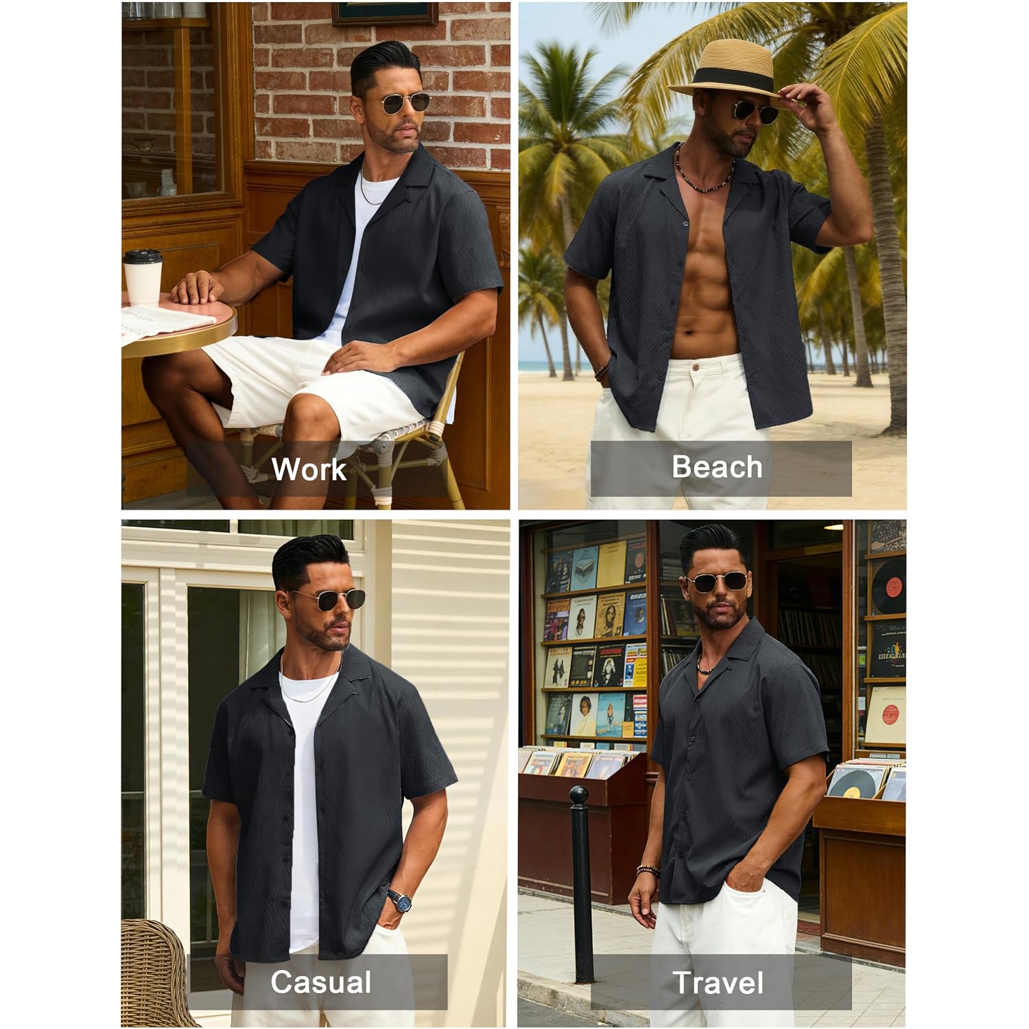 Cotrasen Men'S Casual Short Sleeve Button Down Shirt Cuban Textured Summer Beach Shirts