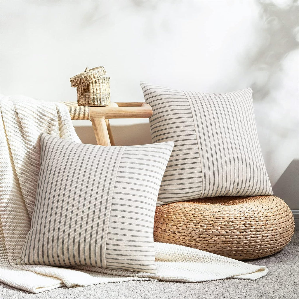 YCOLL Farmhouse Pillow Covers 18x18, Modern Accent Square Throw Pillow Covers Set of 2, Gray and Beige Striped Patchwork Linen Decorative Pillows Cushion Covers for Couch Chair Bedroom Home Decor