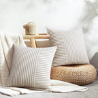 YCOLL Farmhouse Pillow Covers 18x18, Modern Accent Square Throw Pillow Covers Set of 2, Gray and Beige Striped Patchwork Linen Decorative Pillows Cushion Covers for Couch Chair Bedroom Home Decor