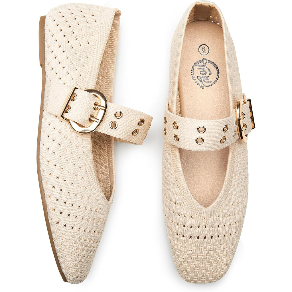 Trary Knit Flats for Women Square Toe Ballet Flats with Buckle Straps Mary Jane Shoes Women Comfortable Casual Dress Shoes for Work Daily Wear