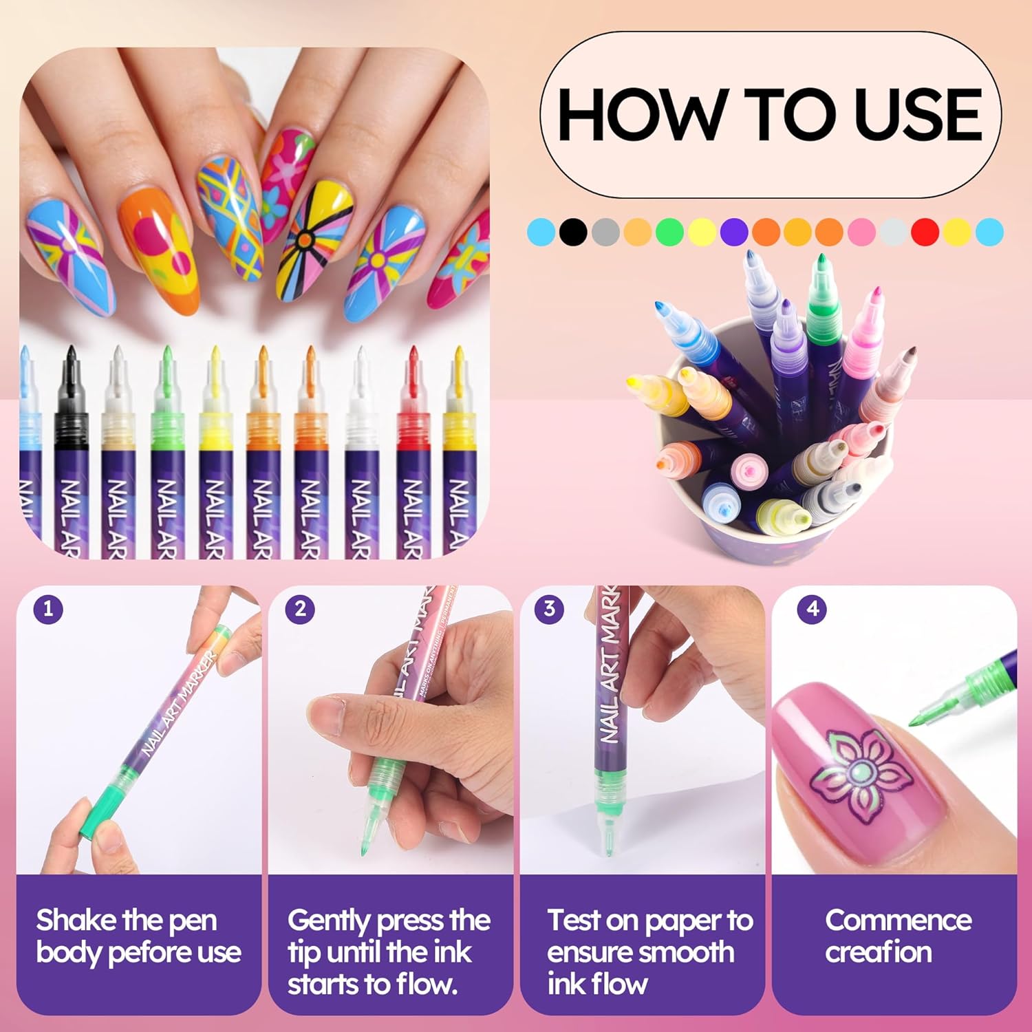 16 Colors Nail Art Pens,DIY Nail Art Markers Fine Tip Nail Polish, Quick Dry DIY Home Salon, Professional Nail Art Tools, Manicure Set Gift for Adults Beginners