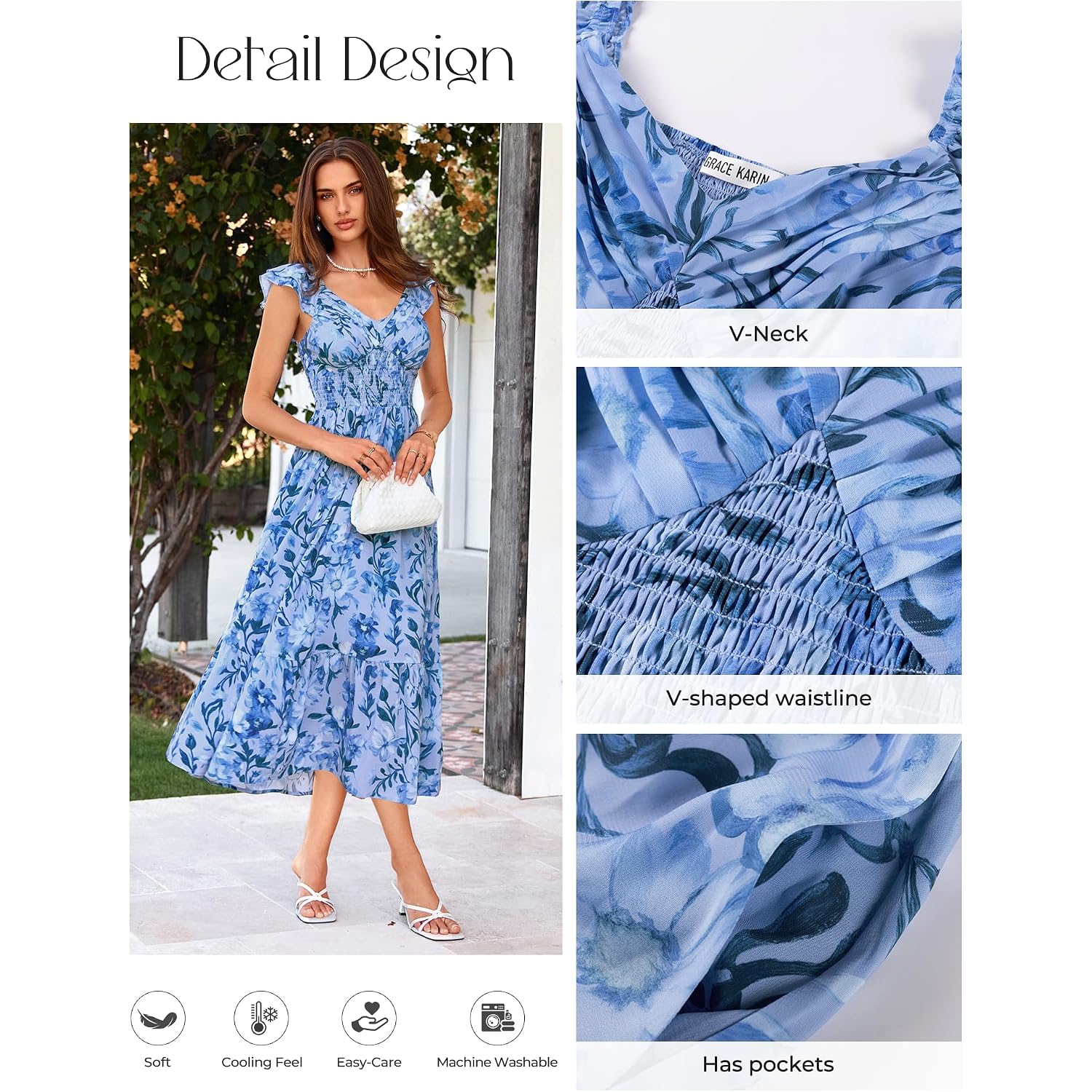 Grace Karin Women'S Summer Floral Maxi Dress 2026 Ruffle Sleeve Smocked Sundress Flowy Wedding Guest Long Dresses With Pocket