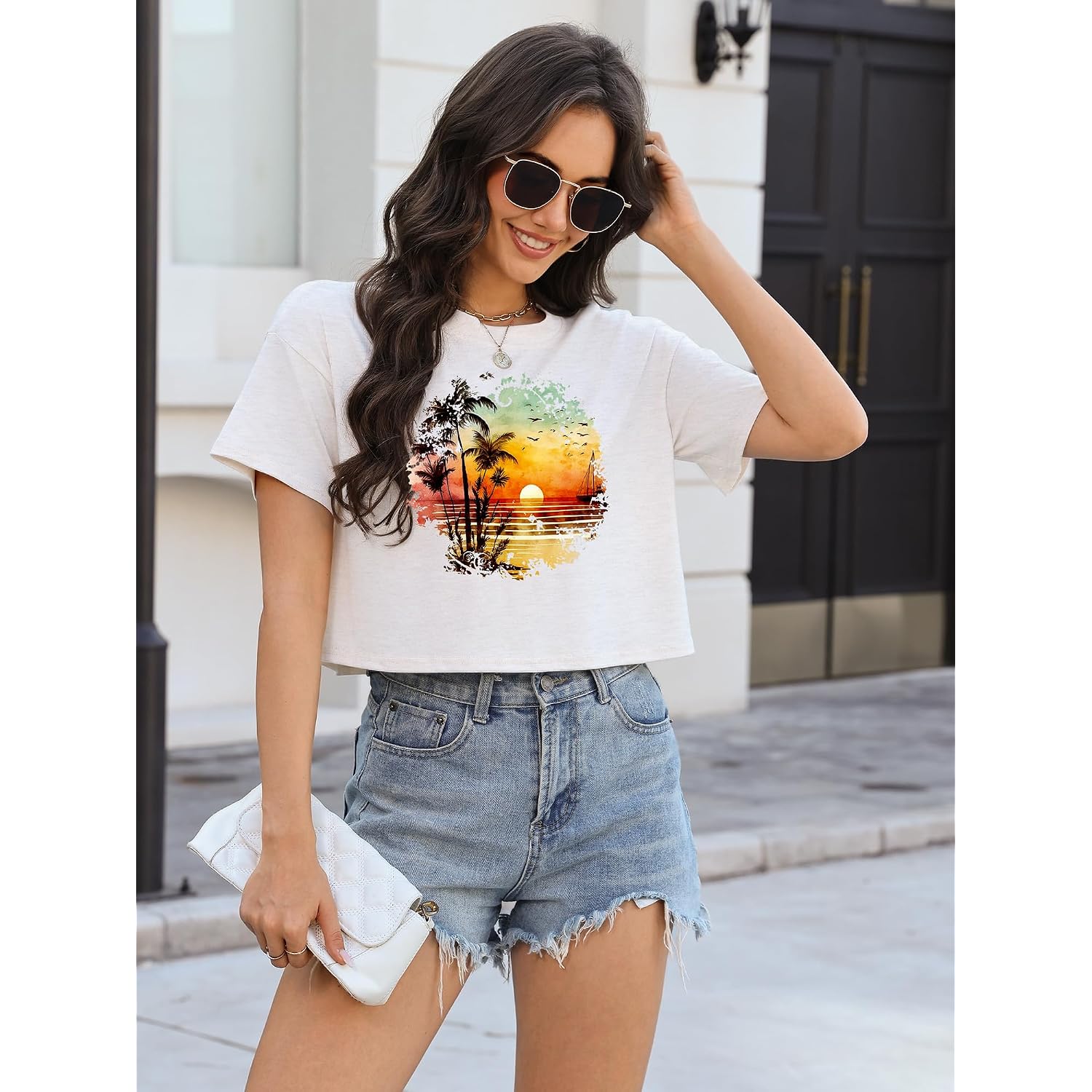 Binshre Womens Short Sleeve Crops Tops Summer Graphic Tees Crew Neck Cropped T Shirts Casual Loose Fit Blouse White-beach Sunset