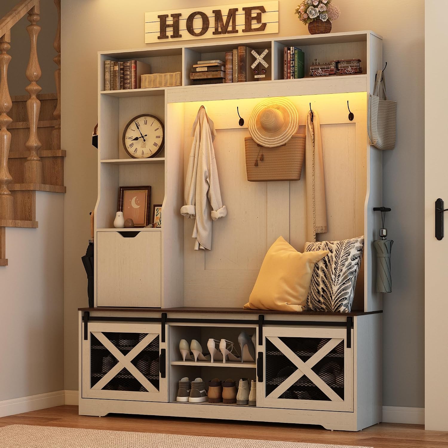 75''H 59''W Large Led Farmhouse Hall Tree With Bench And Shoe Storage,Entryway Bench With Coat Rack,16 Shoe Cubbies & Umbrella Holder And Sock Storage Drawer,Mudroom/Hallway Storages Cabinet(White )