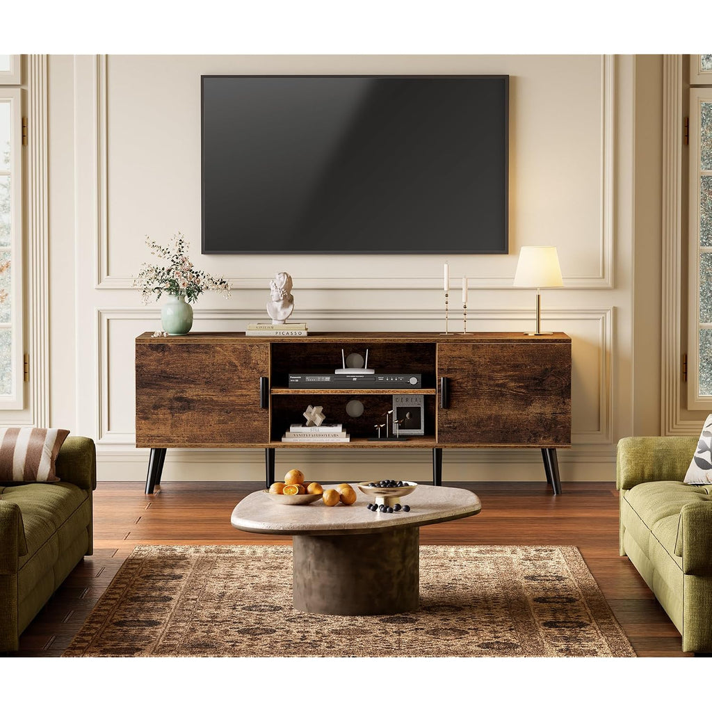 Superjare Tv Stand For 55 Inch Tv, Entertainment Center With Adjustable Shelf, 2 Cabinets, Tv Console Table, Media Console, Solid Wood Feet, Cord Holes, For Living Room, Bedroom, Rustic Brown