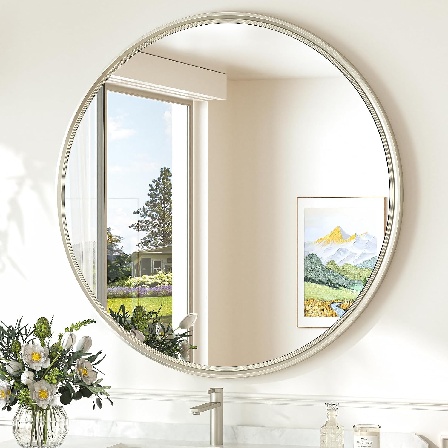 30 Inch Brushed Nickel Mirror Round Tempered, Shatterproof Bathroom Vanity Mirror Circle, Metal Farmhouse Wall Mounted Mirror For Vanity, Entryway, Bedroom, Restroom, Living Room