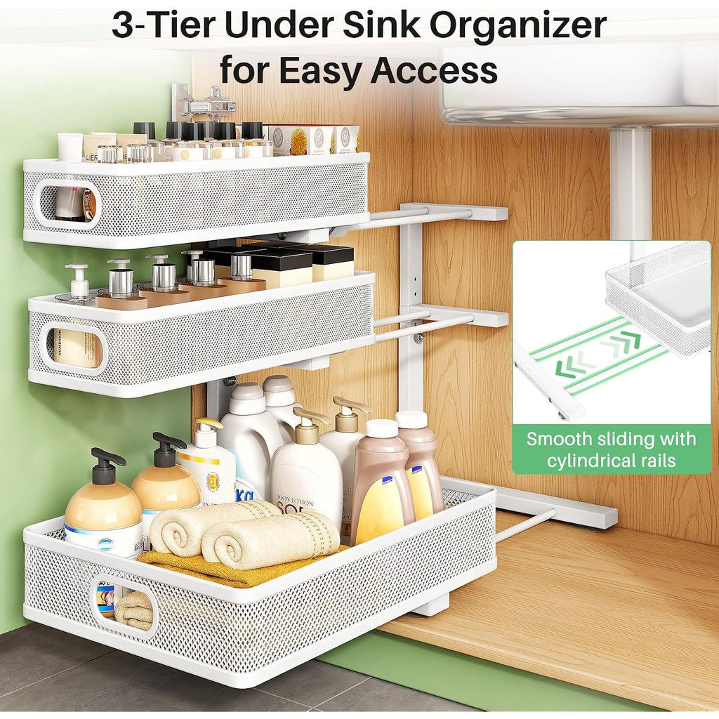 Kitstorack Under Sink Organizer, 2-Pack 3-Tier Height Adjustable Thickened Metal Pull Out Cabinet Organizer Shelf, Slide Out Storage Drawer Rack For Bathroom Kitchen Pantry Home Laundry Organization