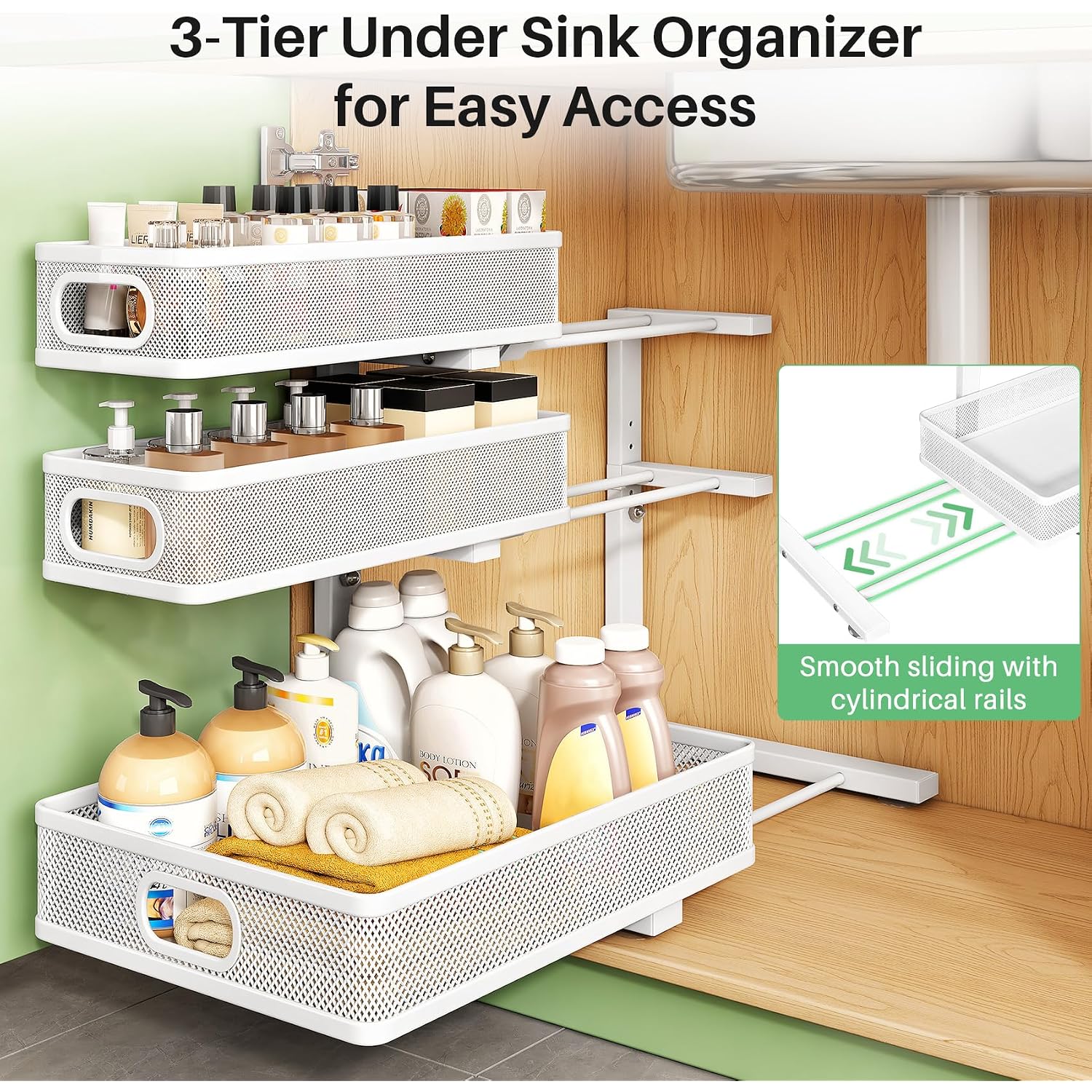 Kitstorack Under Sink Organizer, 2-Pack 3-Tier Height Adjustable Thickened Metal Pull Out Cabinet Organizer Shelf, Slide Out Storage Drawer Rack For Bathroom Kitchen Pantry Home Laundry Organization