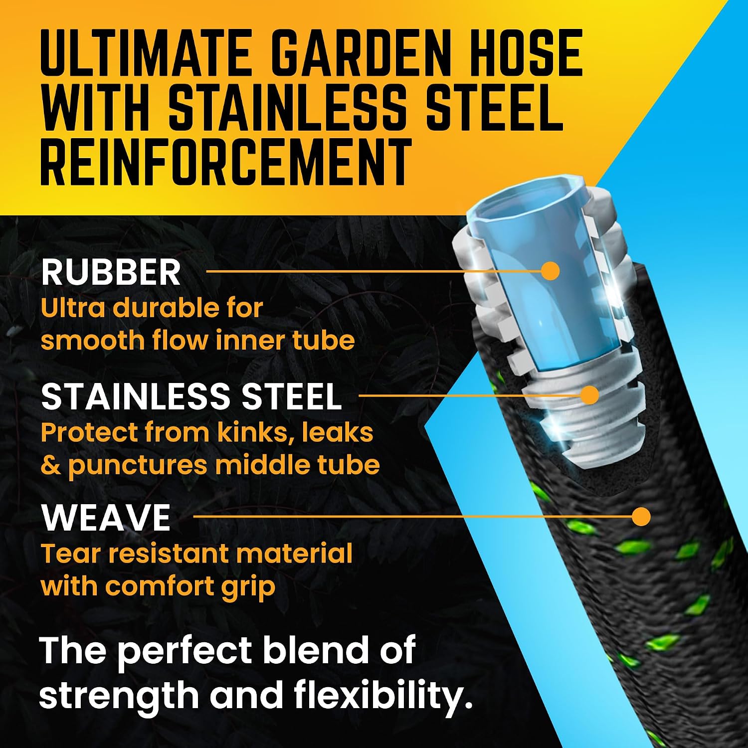 Garden Hose, Non-Expandable 25 Feet Premium Quality Stainless Steel Metal Water Hose With Durable Fabric Skin, Hose For Commercial, Residential Use, Bonus 10-Way Spray Nozzle (25 Ft, Black)