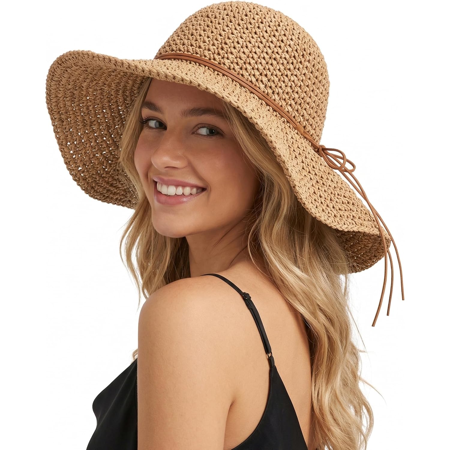 Beach Sun Straw Hats for Women, Floppy Wide Brim Summer Straw Hats, Foldable Packable Roll up Cap