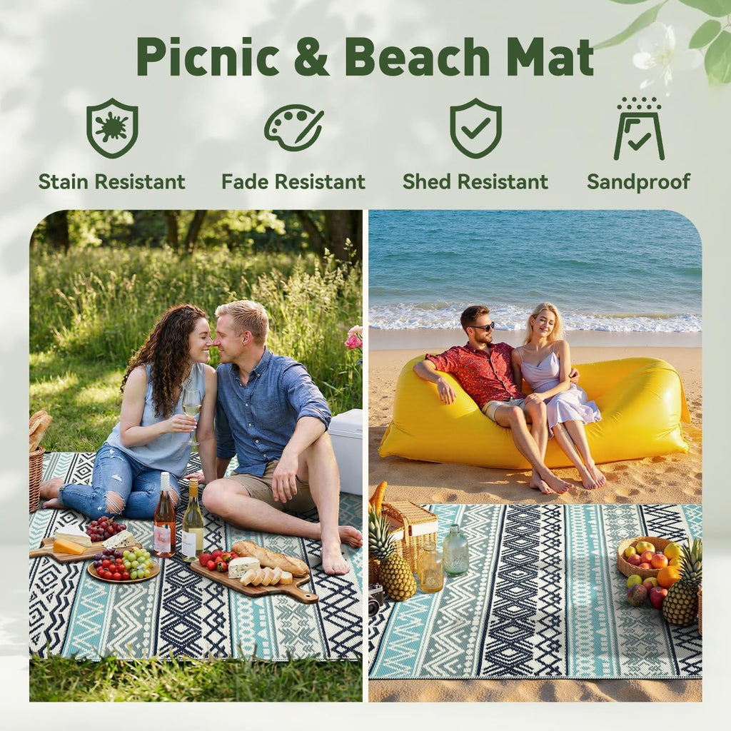 Montvoo Outdoor Rug Carpet Waterproof-Patio Rug Mat 5X8 Reversible Rv Outdoor Camping Rugs Picnic Beach Mats Plastic Straw Outside Rugs For Balcony Porch Pool Deck Boho Patio Decor