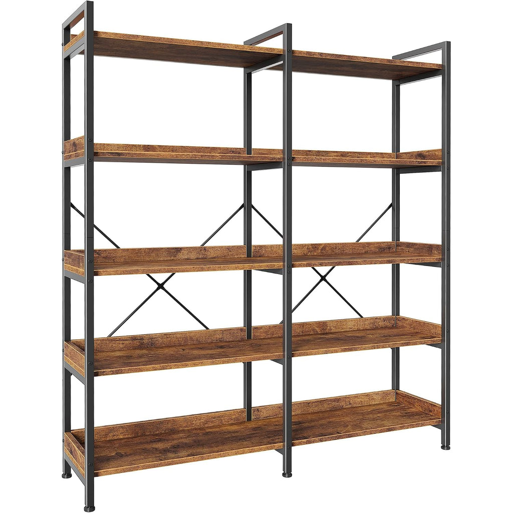 Huuger 5 Tier Bookshelf, Display Bookshelf With 10 Open Shelves And Raised Baffle, 47.2 Inch Straight Wide Bookcase With Metal Frame And Wooden Board, Adjustable Feet, Rustic Brown