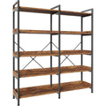 Huuger 5 Tier Bookshelf, Display Bookshelf With 10 Open Shelves And Raised Baffle, 47.2 Inch Straight Wide Bookcase With Metal Frame And Wooden Board, Adjustable Feet, Rustic Brown