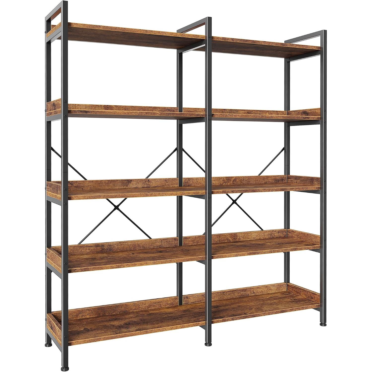 Huuger 5 Tier Bookshelf, Display Bookshelf With 10 Open Shelves And Raised Baffle, 47.2 Inch Straight Wide Bookcase With Metal Frame And Wooden Board, Adjustable Feet, Rustic Brown