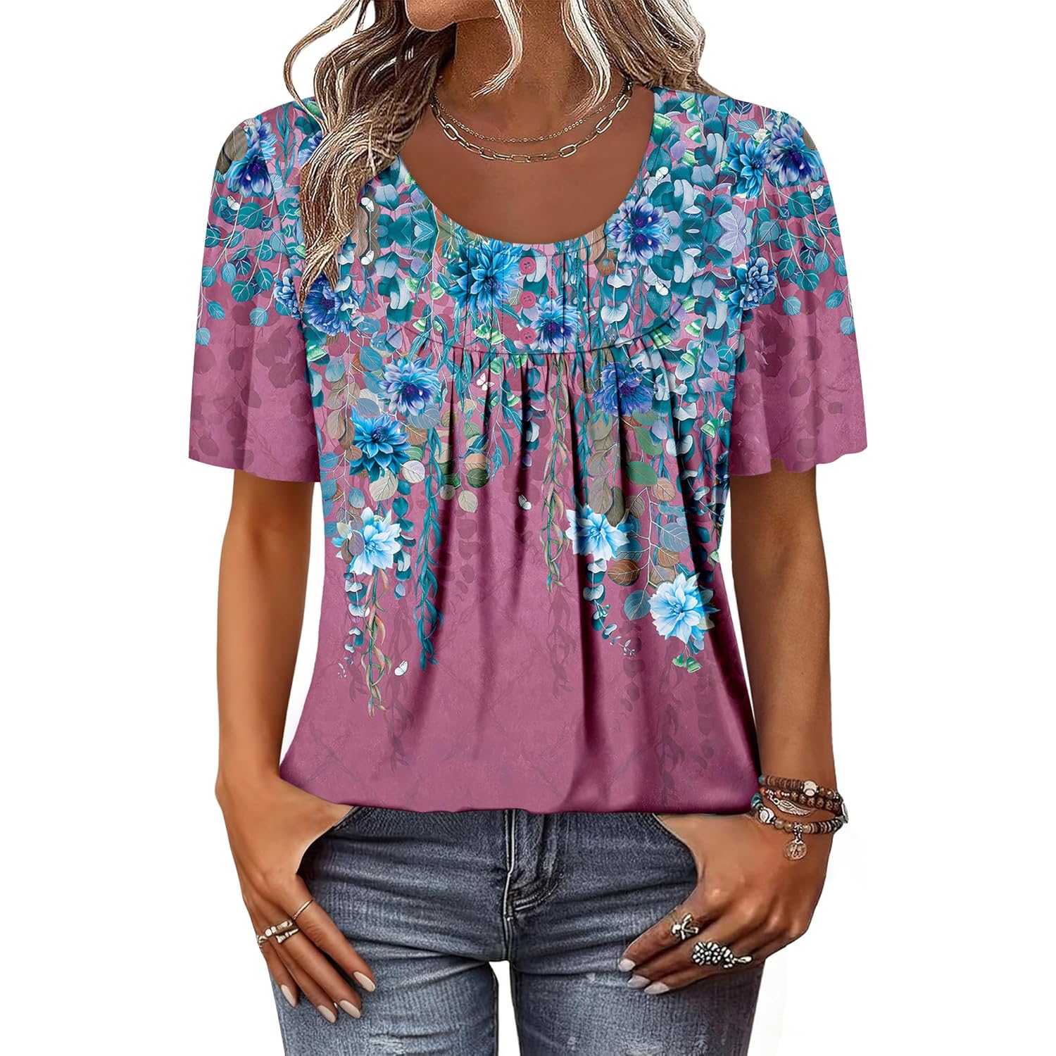 Women's Short Sleeve Summer Tunic Tops Flowy Flare Button Down Tunic Shirts Blouses S-3XL