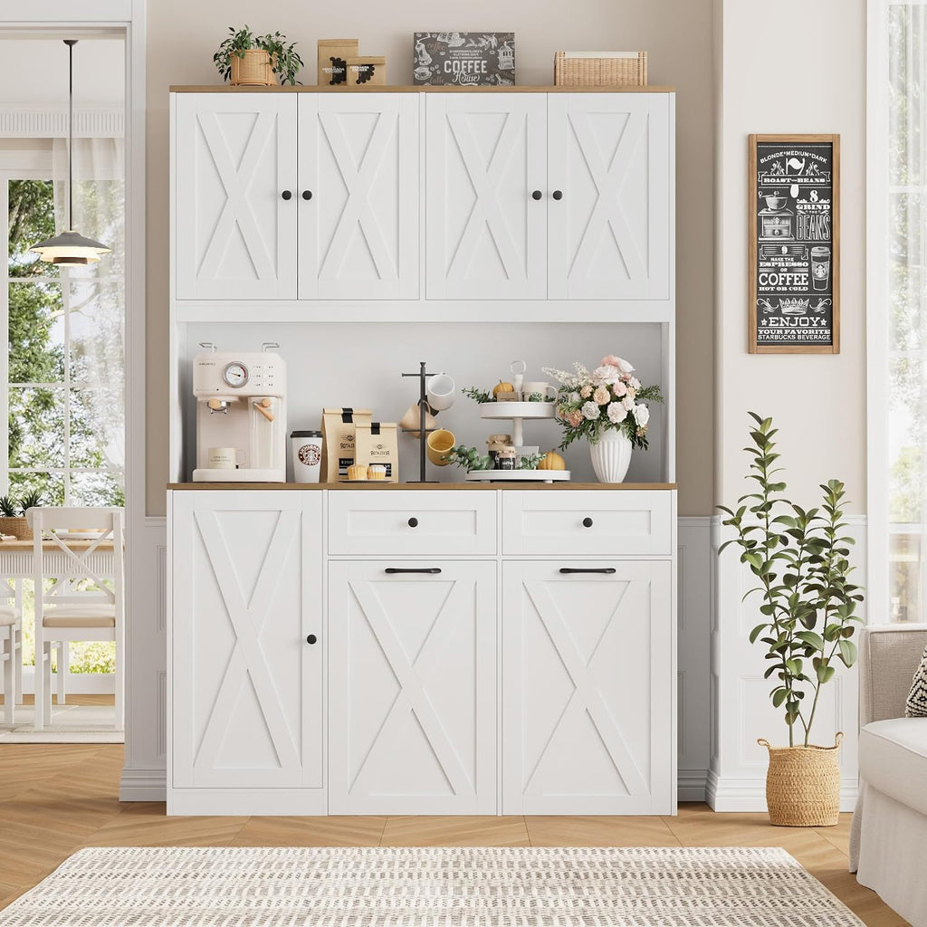 Hostack 71" Kitchen Pantry With 12.5 Gallon Double Trash Can Cabinet, White | Farmhouse Garbage Can Cabinet With Pull Out Trash Can Storage, 47"W Kitchen Hutch With Hidden Garbage Storage For Dining Room