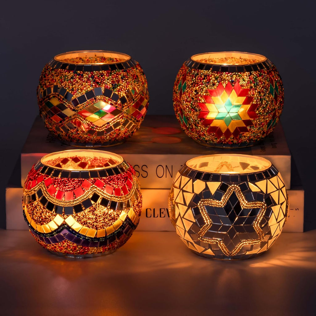 Rancco Handmade Mosaic Glass Tealight Candle Holder Set - 4 Pack with 10.5 oz Long-Lasting Soy Wax Scented Candles - Perfect Aromatherapy Gifts for Women, Moms, Birthdays, Spa Days, and Christmas