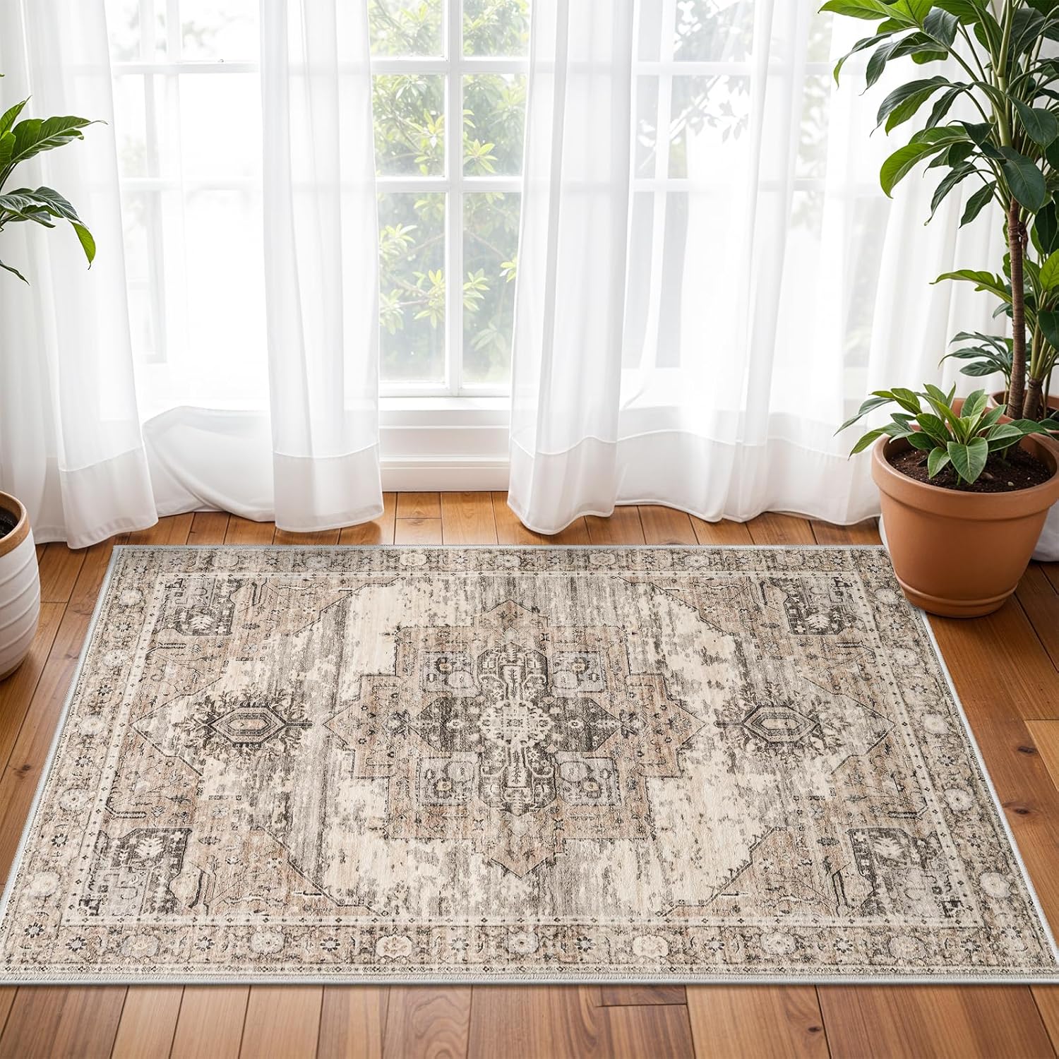 Washable 2X3 Area Rugs - Large Boho Rugs For Living Room Stain Resistant Carpet Vintage Tribal Rugs For Bedroom Kitchen Bathroom With Non Slip Backing Home Decor Floor Decoration Mat 2X3 Beige