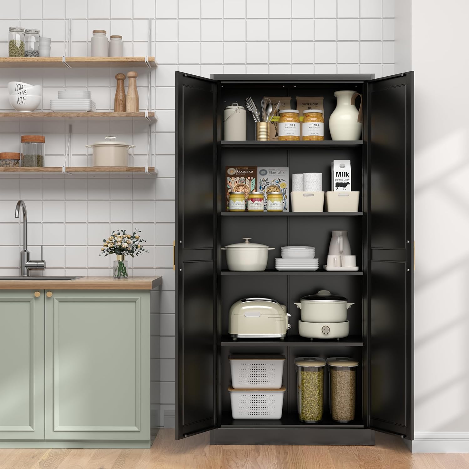 71" Kitchen Pantry Cabinet, Pantry Storage Cabinet With Doors And 4 Shelves, Metal Storage Cabinets For Kitchens, Living Room, Dinning Room, Assembly Required, Black