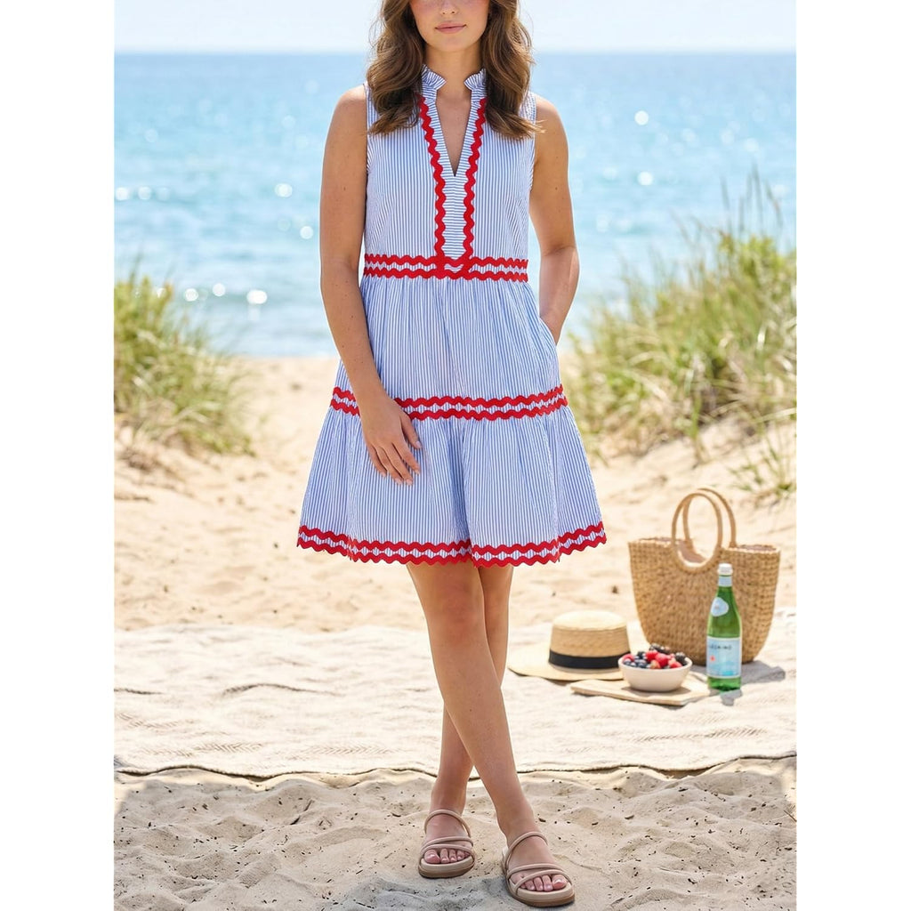 Kuraki Women'S Cute Sleeveless Ric Rac Trim Tiered Striped Dress
