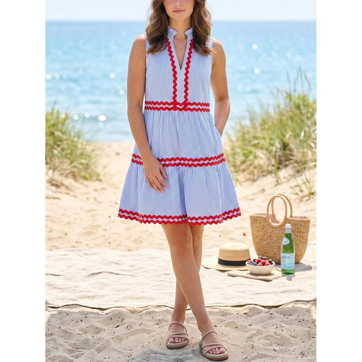 Kuraki Women'S Cute Sleeveless Ric Rac Trim Tiered Striped Dress