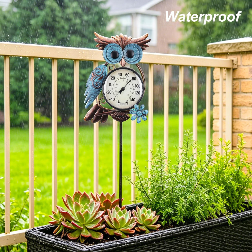 Outdoor Thermometer, Owl Outside Decor For Patio, Yard And Garden | No Battery Needed Garden Stake Wall Art Gifts Idea Waterproof