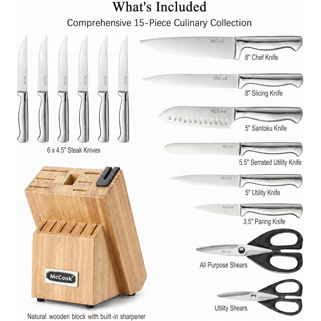 McCook® Knife Sets,German Stainless Steel Knife Block Sets with Built-in Sharpener, 15 Piece Chef Knife and More, Razor Sharp, Restaurant Grade, Anti-Rust, Elegant Box for Gift