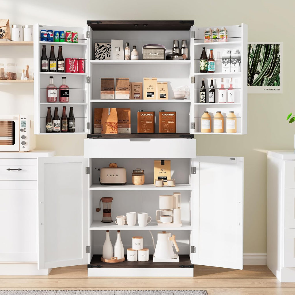 72" Kitchen Pantry Storage Cabinet With Doors And Shelves, Wood Farmhouse Pantry Storage With Barn Doors For Kitchen, Dining Room, Living Room
